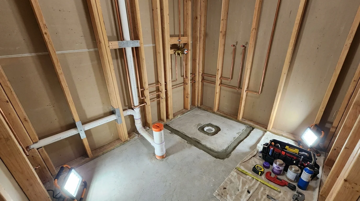 Bathroom rough-in plumbing during remodel by Johns Plumbing LLC in Rosendale