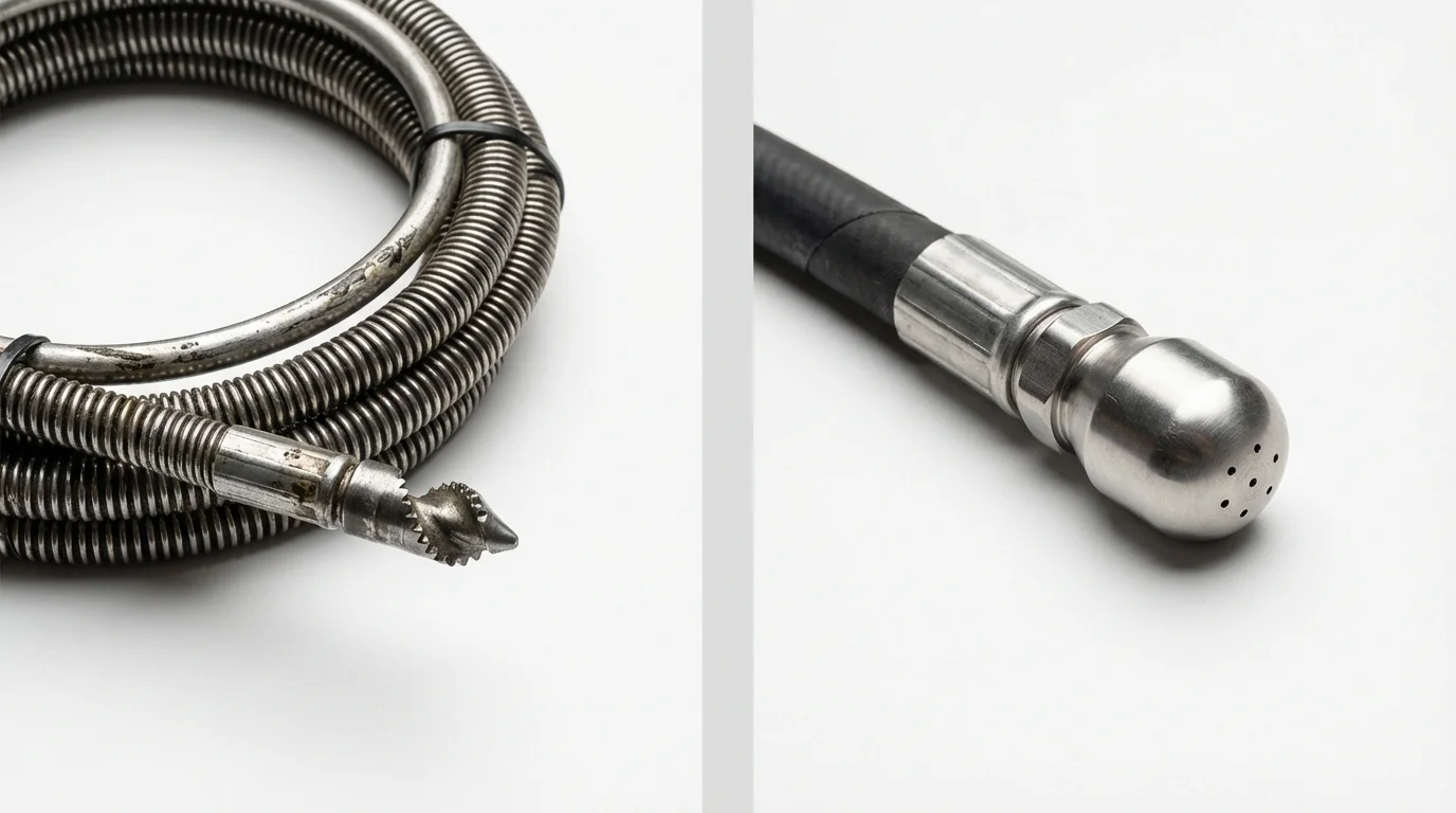 Drain snake cable and hydro jetting nozzle used for drain cleaning in Rosendale, WI