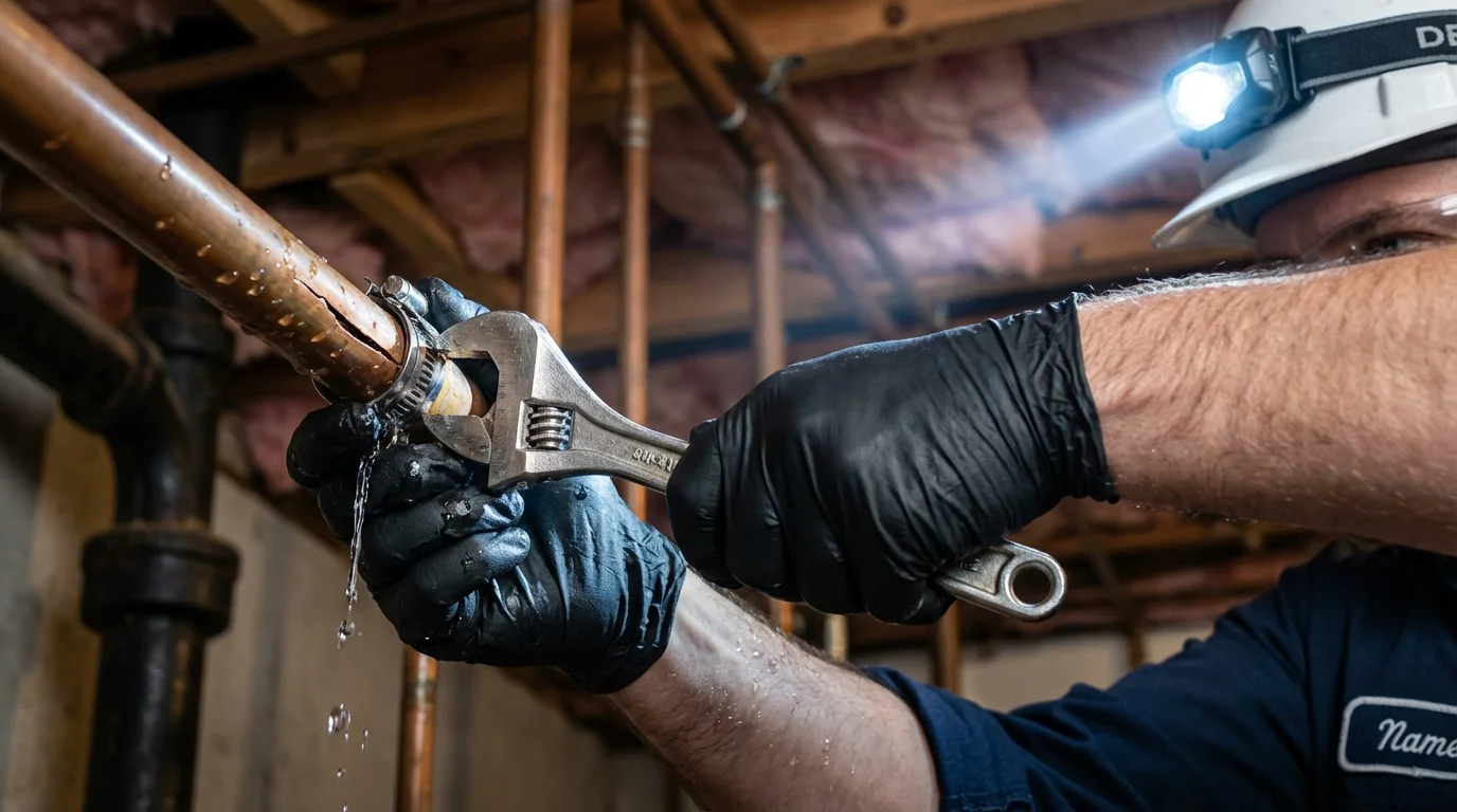 Emergency pipe clamp repair being performed by a Johns Plumbing LLC plumber in Rosendale