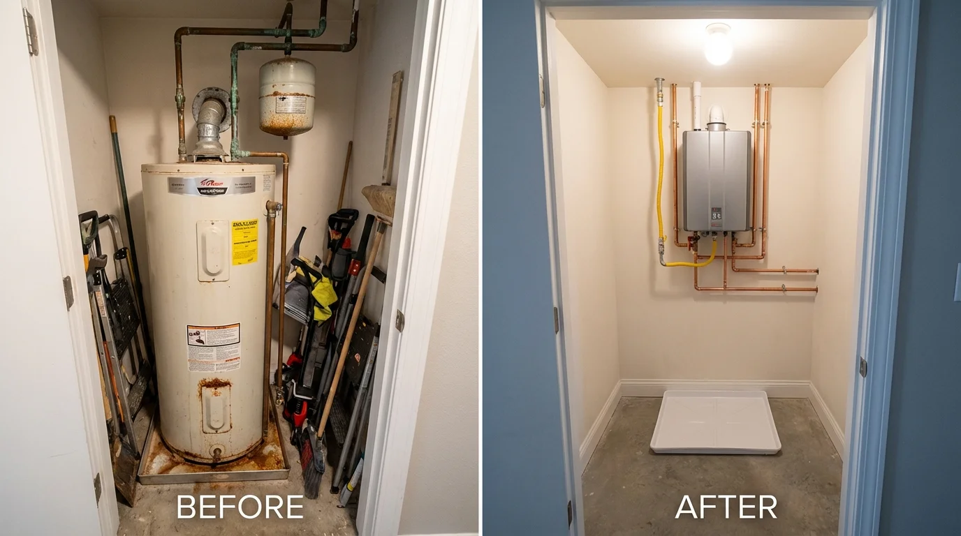 Tank water heater versus wall-mounted tankless unit comparison for Rosendale, WI homeowners