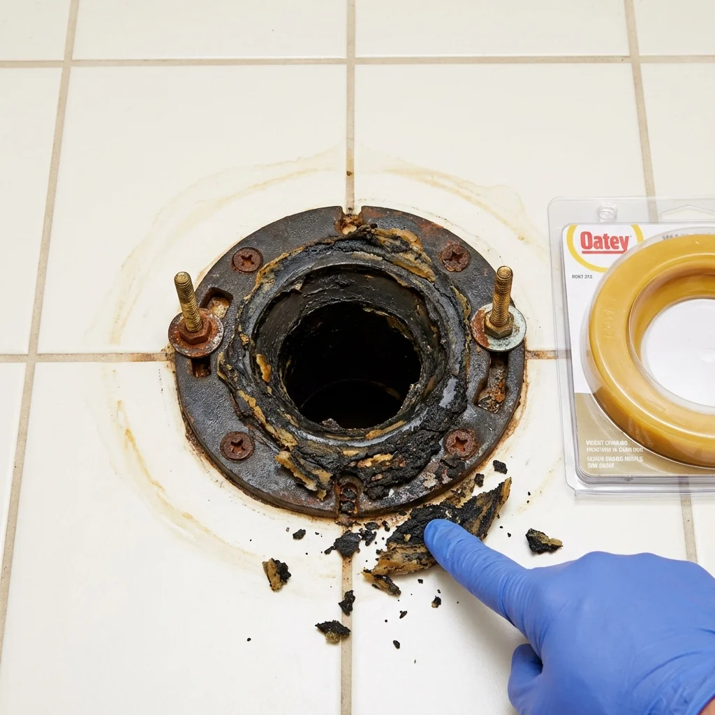 Failed wax ring showing water seepage at the base of a toilet in a Rosendale, WI home