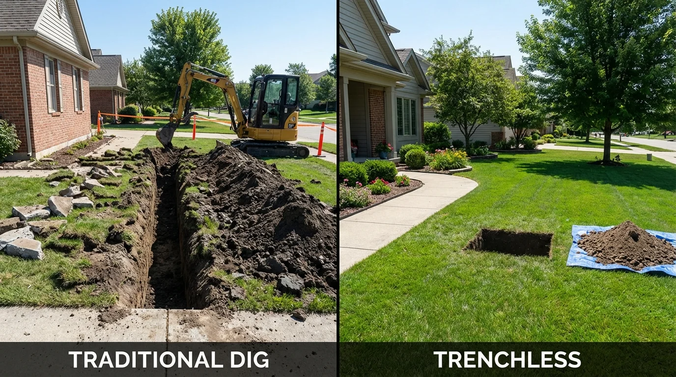 Trenchless sewer repair with minimal yard damage versus traditional excavation in Rosendale, WI
