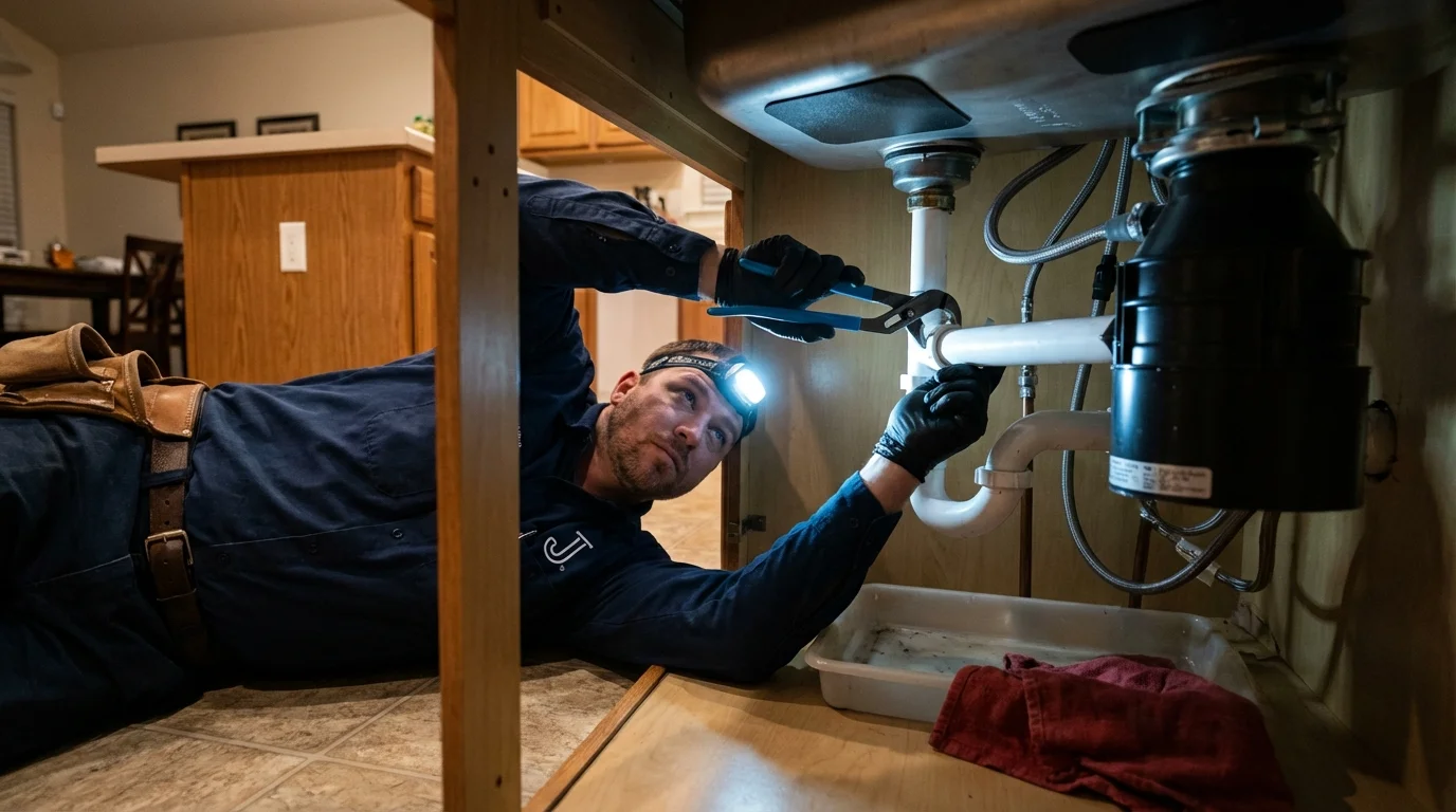 P-trap and supply line connections under a kitchen sink showing a common leak point in Rosendale, WI
